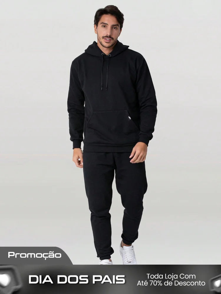 Conjunto Masculino Moletom Casual Com Capuz Cós Ajustável Preto / PP Conjunto Masculino Moletom Casual Com Capuz Cós