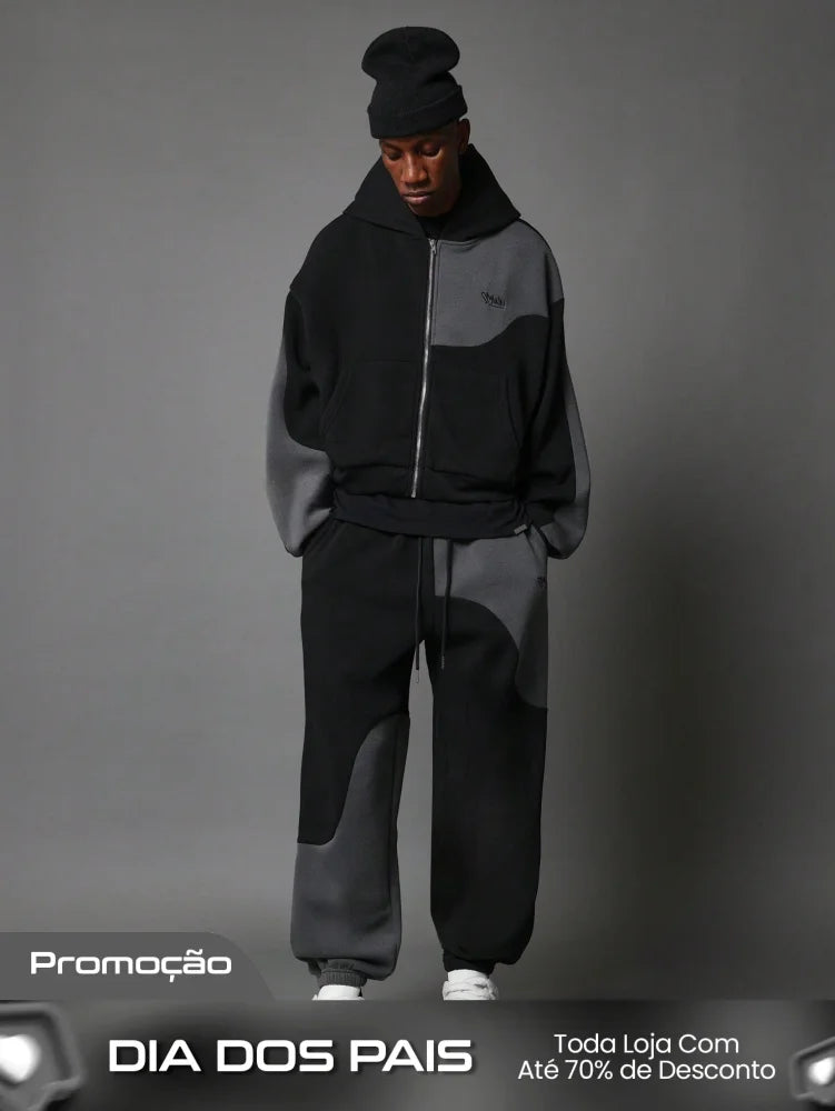Conjunto Masculino Moletom Com Zíper E Calça Jogger Blocos De Cor Cinza / PP Conjunto Masculino Moletom Com Zíper E