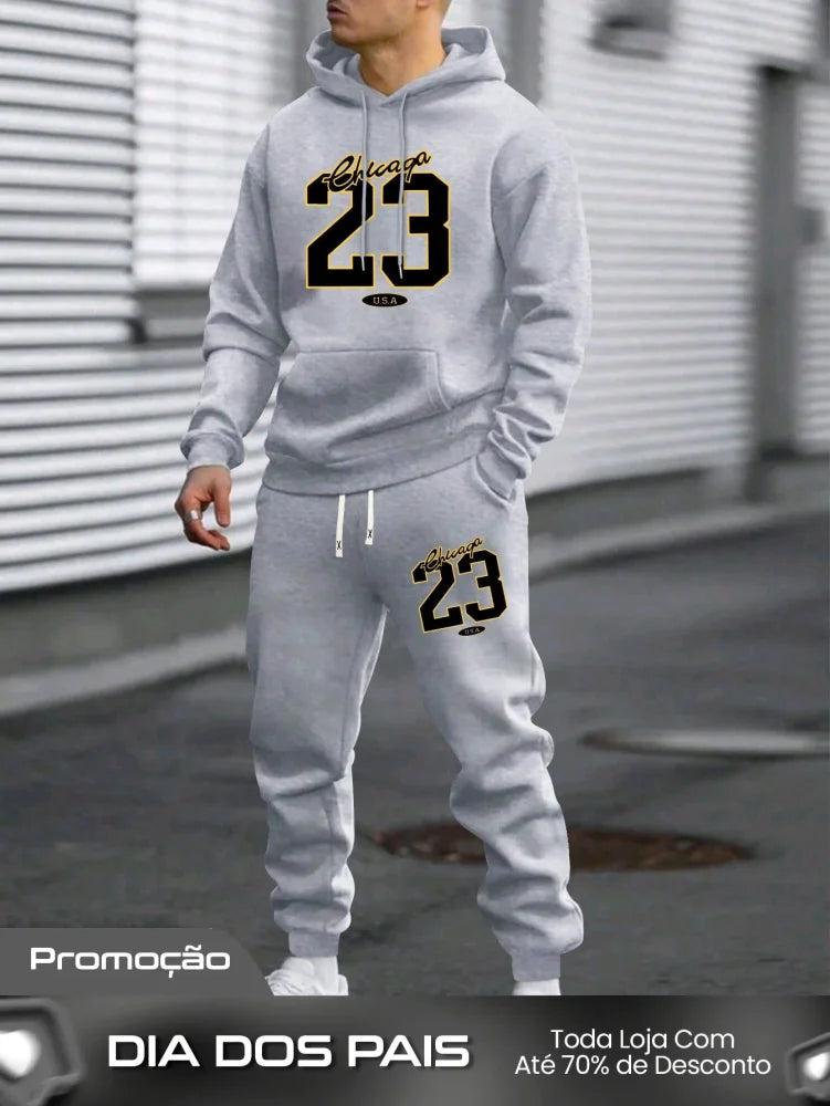 Conjunto Masculino Moletom Esportivo Com Estampa Número Cinza Claro / PP Conjunto Masculino Moletom Esportivo Com