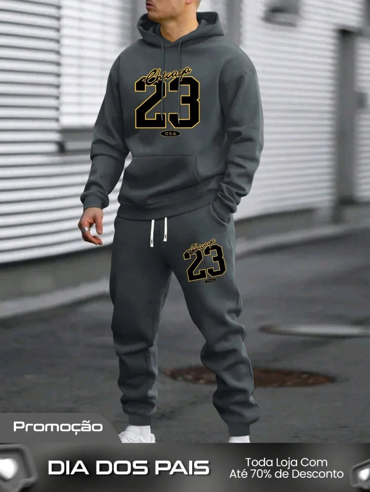 Conjunto Masculino Moletom Esportivo Com Estampa Número Cinza / PP Conjunto Masculino Moletom Esportivo Com Estampa