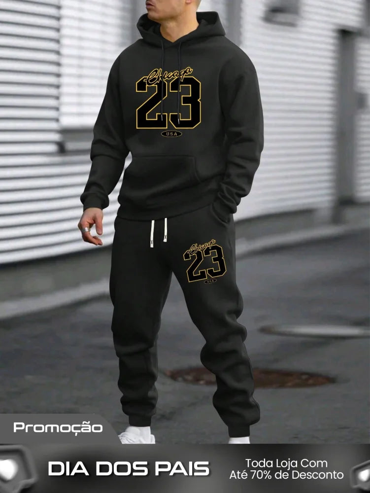 Conjunto Masculino Moletom Esportivo Com Estampa Número Preto / PP Conjunto Masculino Moletom Esportivo Com Estampa
