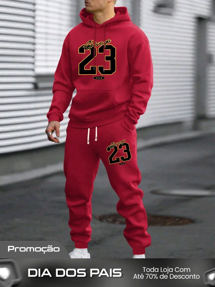 Conjunto Masculino Moletom Esportivo Com Estampa Número Vermelho / PP Conjunto Masculino Moletom Esportivo Com Estampa
