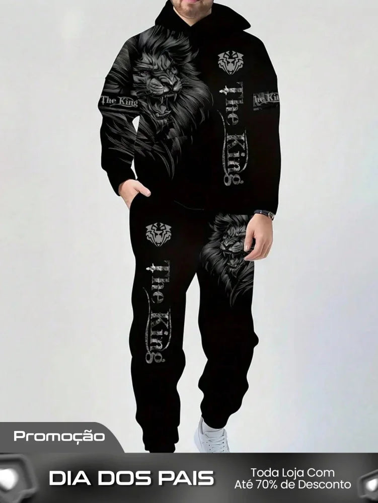 Conjunto Masculino Moletom Estampa Leão The King Imponente Preto / PP Conjunto Masculino Moletom Estampa Leão The King