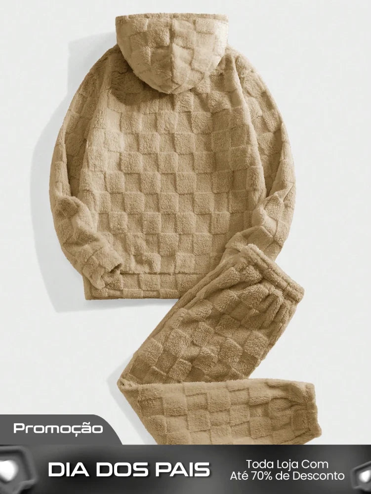 Conjunto Masculino Peluciado Com Capuz E Textura Quadriculada Conjunto Masculino Peluciado Com Capuz E Textura