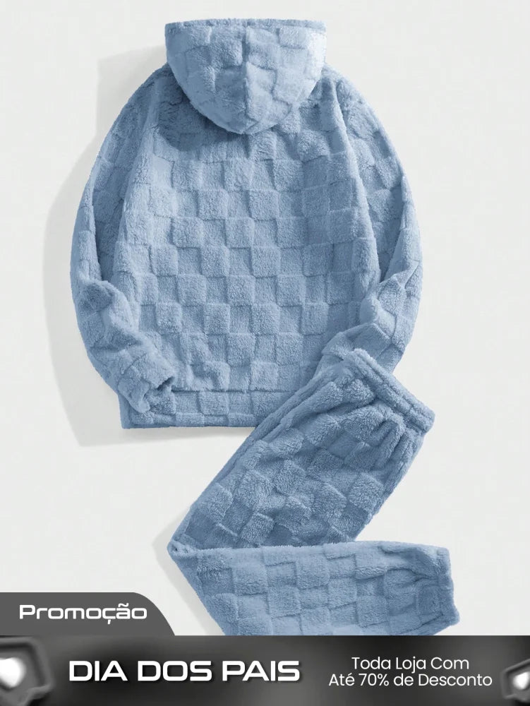 Conjunto Masculino Peluciado Com Capuz E Textura Quadriculada Conjunto Masculino Peluciado Com Capuz E Textura