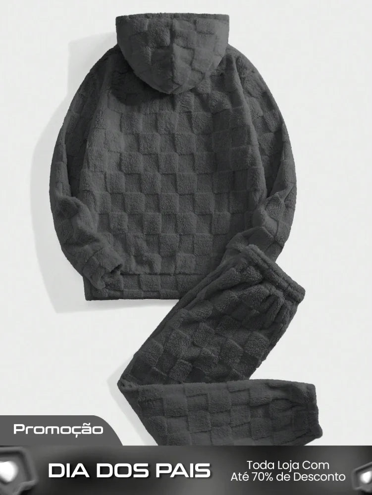 Conjunto Masculino Peluciado Com Capuz E Textura Quadriculada Conjunto Masculino Peluciado Com Capuz E Textura