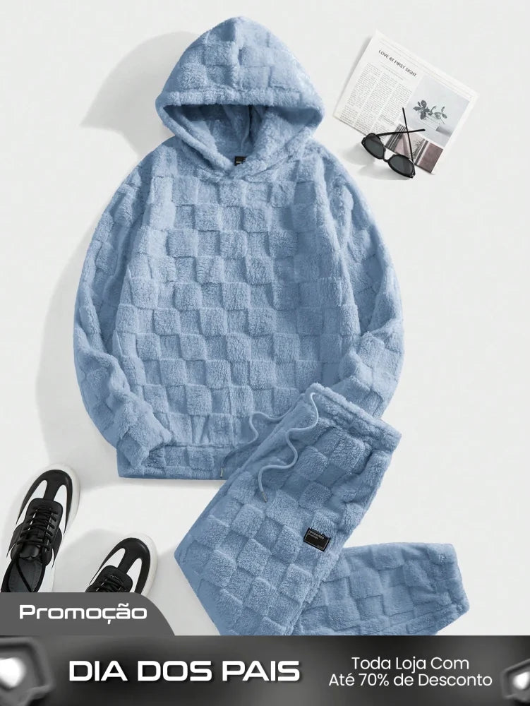 Conjunto Masculino Peluciado Com Capuz E Textura Quadriculada Azul / PP Conjunto Masculino Peluciado Com Capuz E