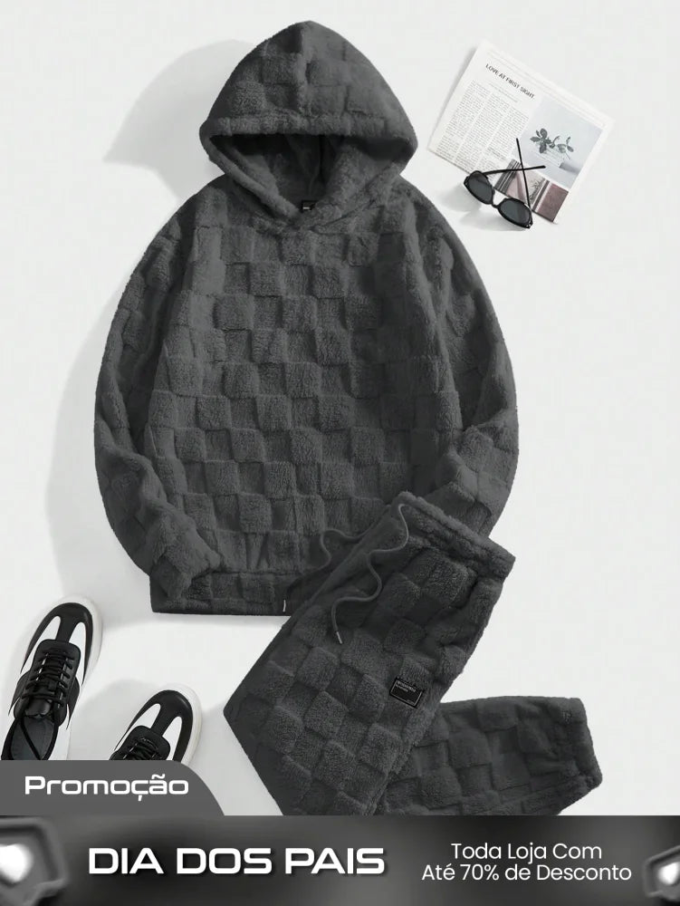 Conjunto Masculino Peluciado Com Capuz E Textura Quadriculada Preto / PP Conjunto Masculino Peluciado Com Capuz E