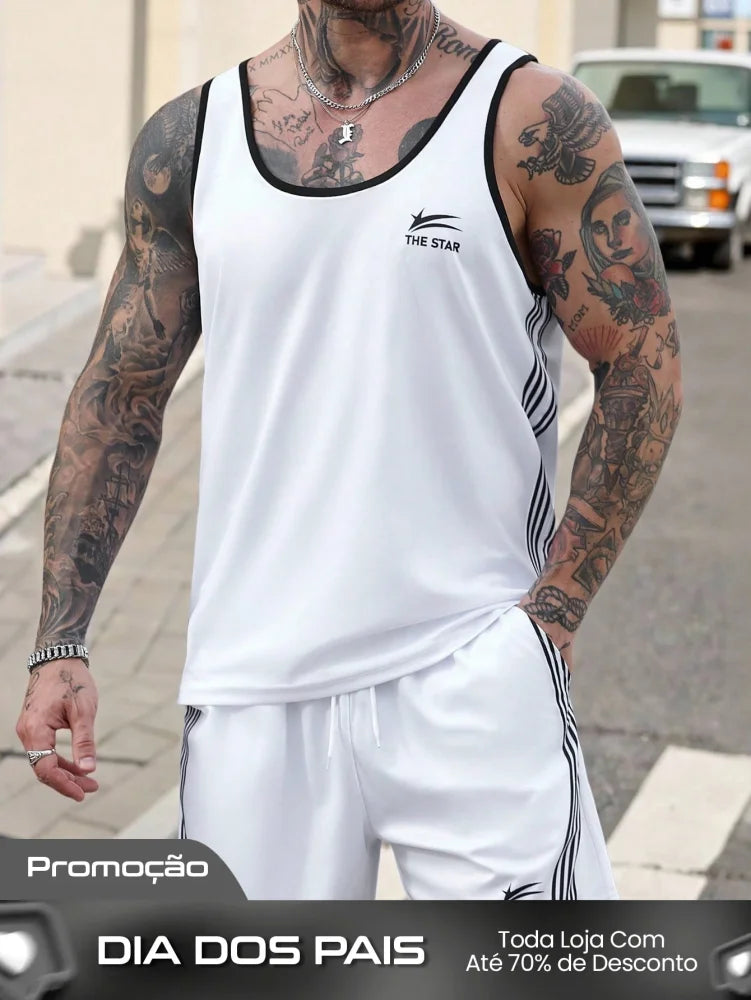 Conjunto Masculino Regata Esportiva Listrada E Shorts Cós Ajustável Conjunto Masculino Regata Esportiva Listrada E