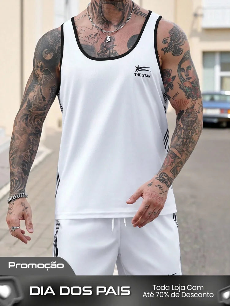 Conjunto Masculino Regata Esportiva Listrada E Shorts Cós Ajustável Conjunto Masculino Regata Esportiva Listrada E