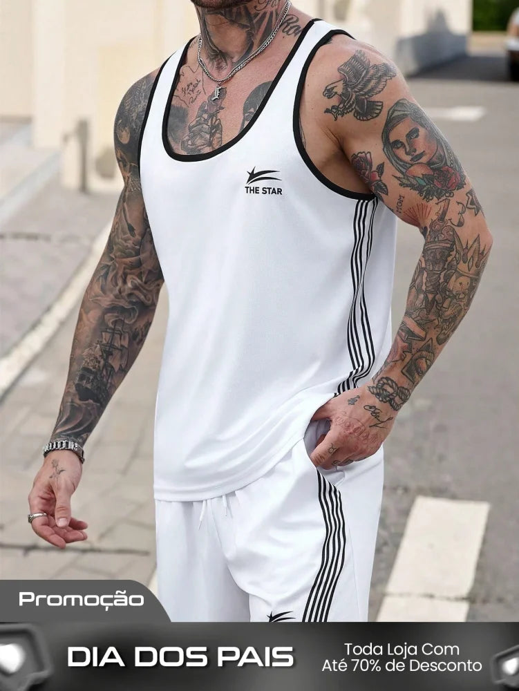 Conjunto Masculino Regata Esportiva Listrada E Shorts Cós Ajustável Conjunto Masculino Regata Esportiva Listrada E