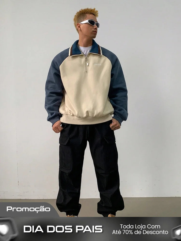 Moletom Masculino Bicolor Com Zíper Gola Alta Moletom Masculino Bicolor Com Zíper Gola Alta