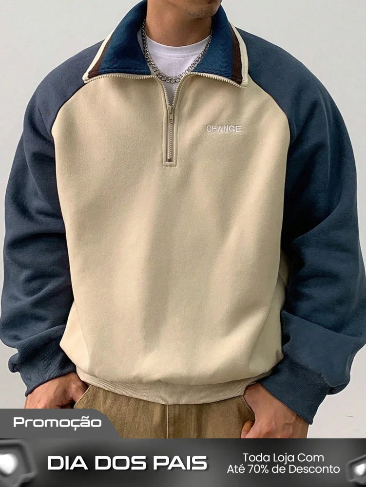Moletom Masculino Bicolor Com Zíper Gola Alta Azul / PP Moletom Masculino Bicolor Com Zíper Gola Alta