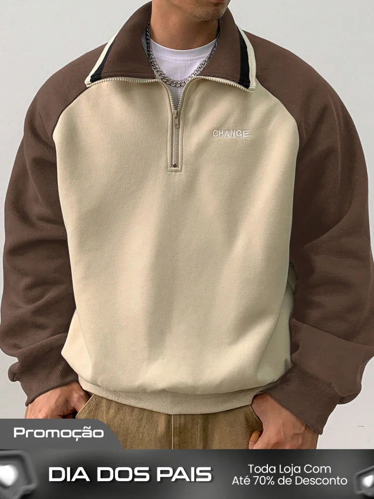 Moletom Masculino Bicolor Com Zíper Gola Alta Café / PP Moletom Masculino Bicolor Com Zíper Gola Alta