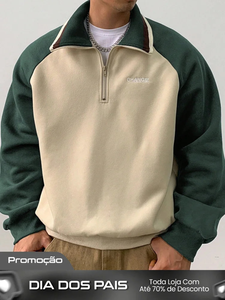 Moletom Masculino Bicolor Com Zíper Gola Alta Verde Militar / PP Moletom Masculino Bicolor Com Zíper Gola Alta