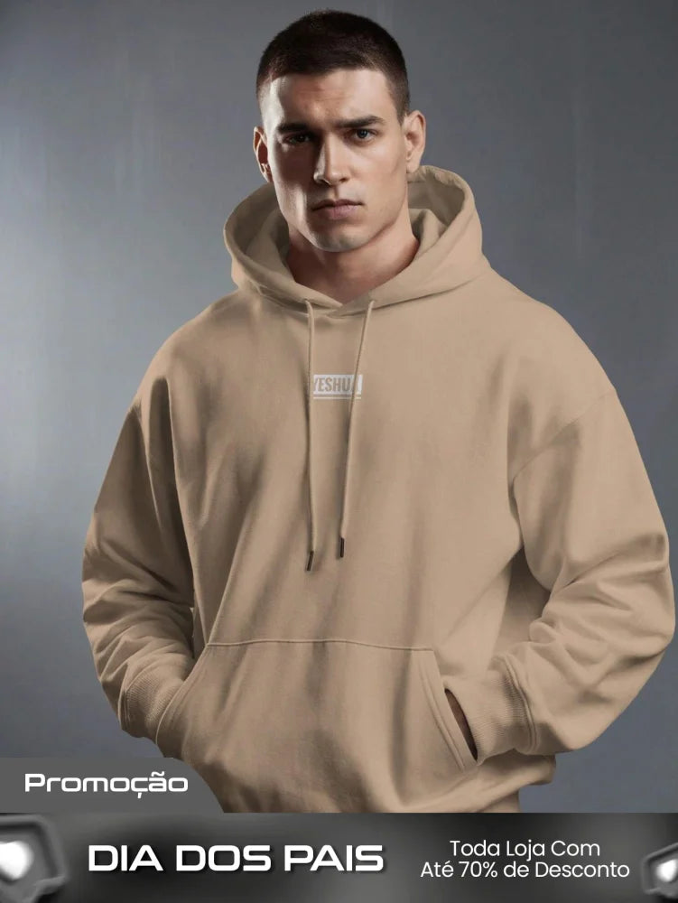 Moletom Masculino Com Capuz Estampa Canguru E Bolso Frontal Caqui / PP Moletom Masculino Com Capuz Estampa Canguru E