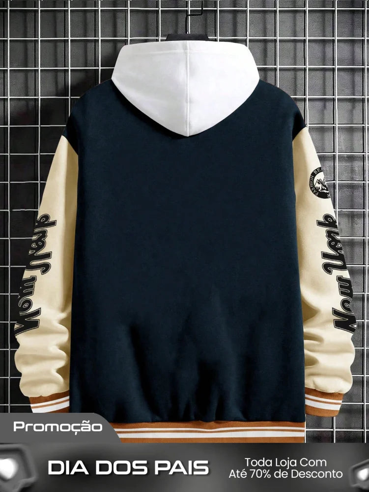 Moletom Masculino Estilo College Com Estampa Frontal E Punhos Moletom Masculino Estilo College Com Estampa Frontal E