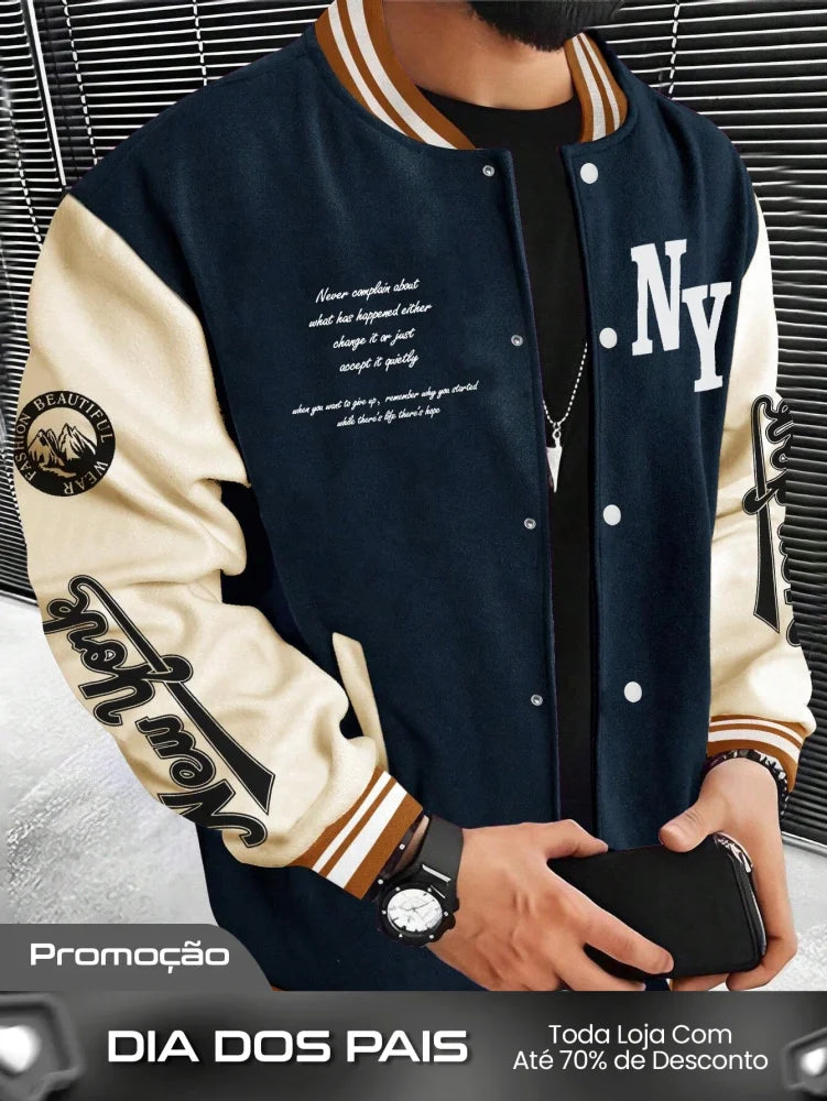 Moletom Masculino Estilo College Com Estampa Frontal E Punhos Azul Marinho / PP Moletom Masculino Estilo College Com
