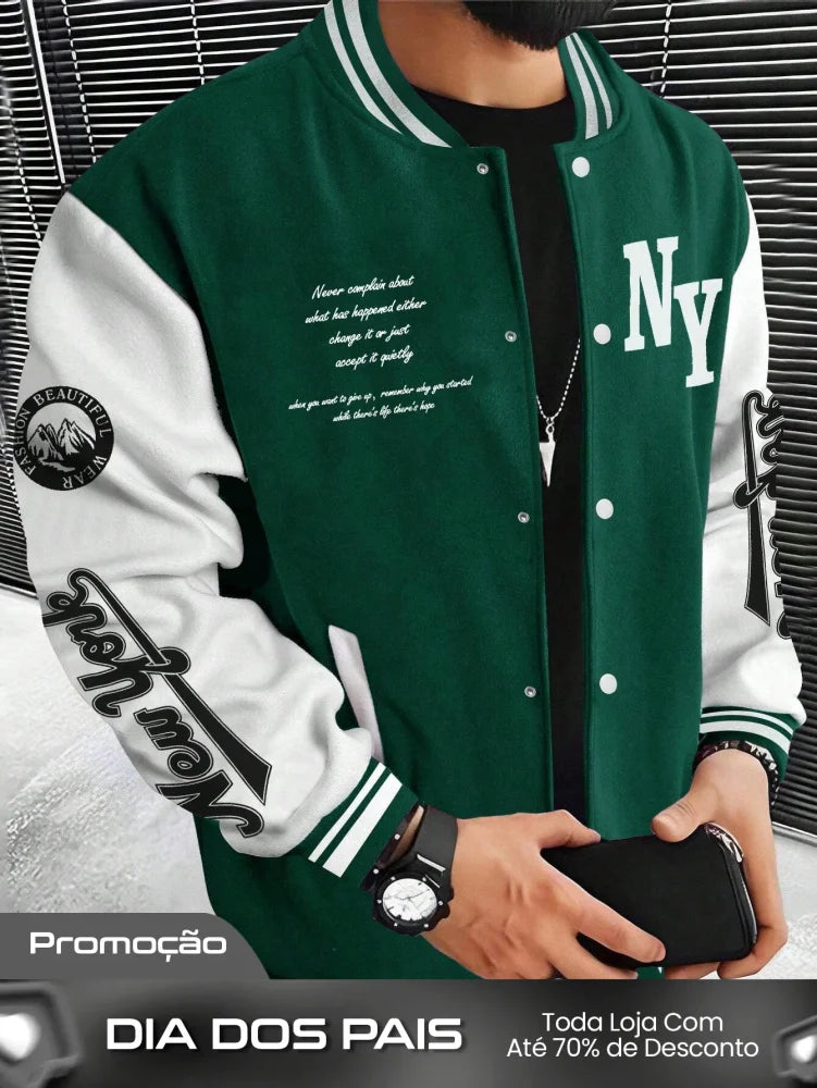 Moletom Masculino Estilo College Com Estampa Frontal E Punhos Verde / PP Moletom Masculino Estilo College Com Estampa