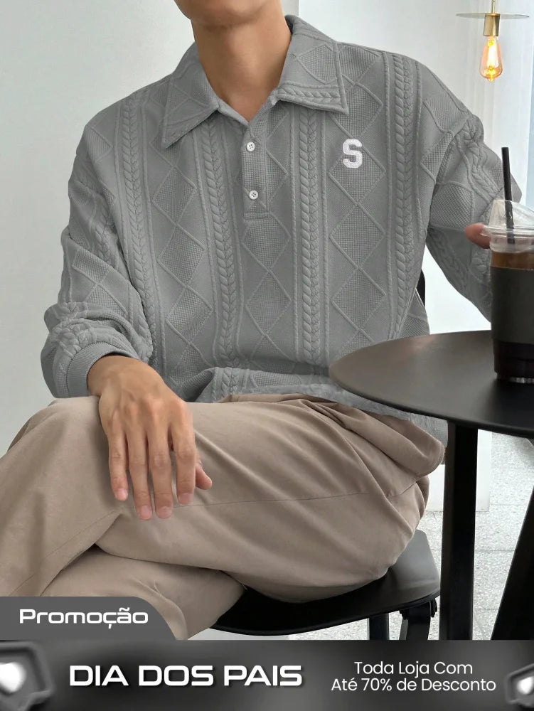 Moletom Masculino Texturizado Com Gola Polo Moletom Masculino Texturizado Com Gola Polo