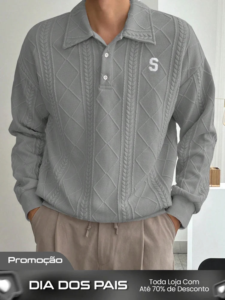 Moletom Masculino Texturizado Com Gola Polo Cinza / PP Moletom Masculino Texturizado Com Gola Polo