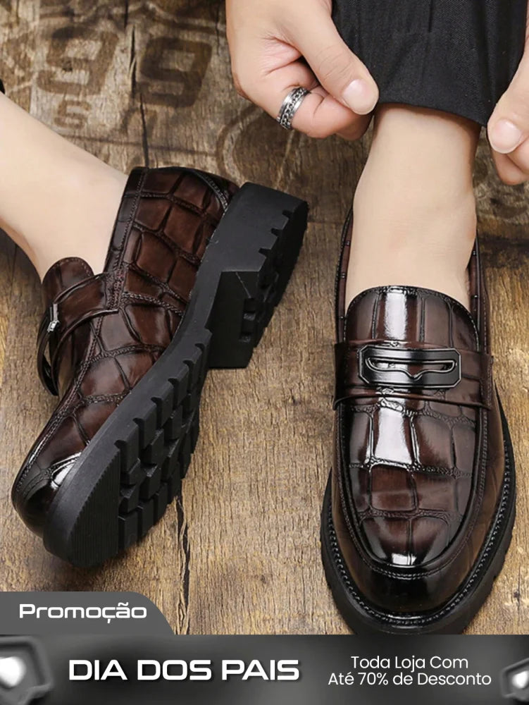 Sapato Masculino Loafer Croco Envernizado Solado Tratorado Castanho / 36 Sapato Masculino Loafer Croco Envernizado