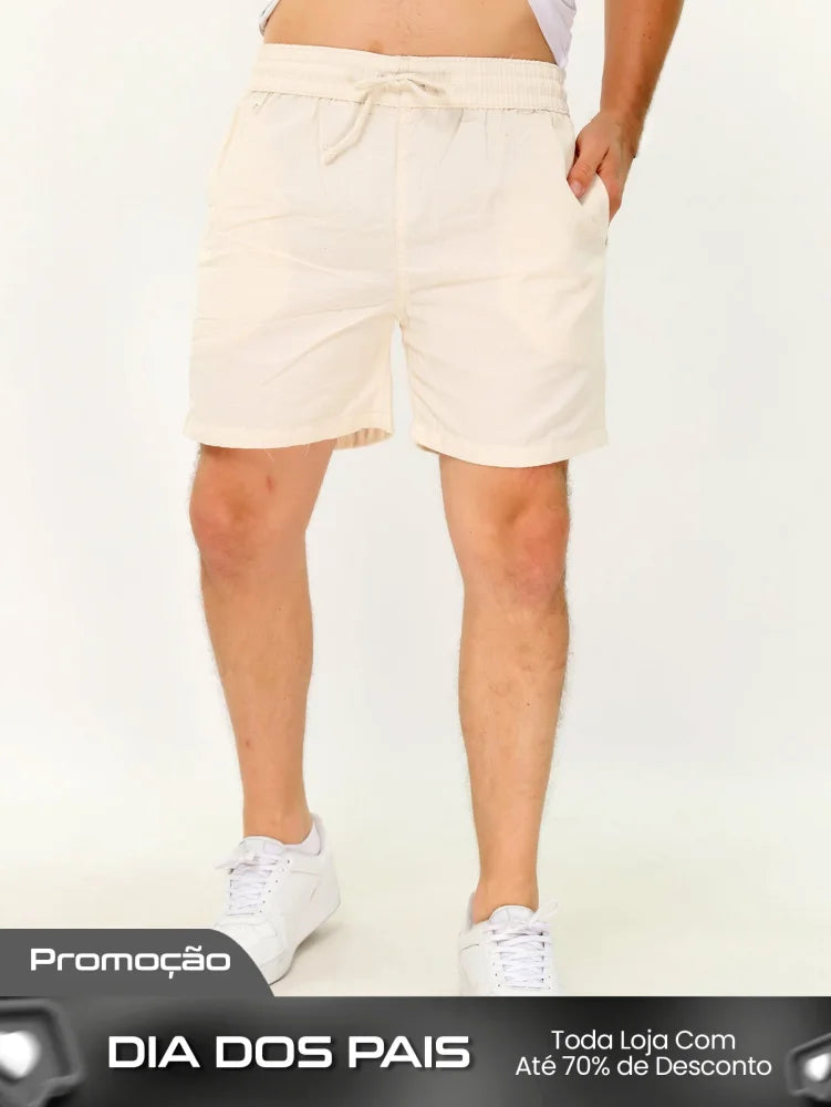 Shorts Masculino Casual Com Cós Elástico E Cordão Ajustável Bege / PP Shorts Masculino Casual Com Cós Elástico E Cordão
