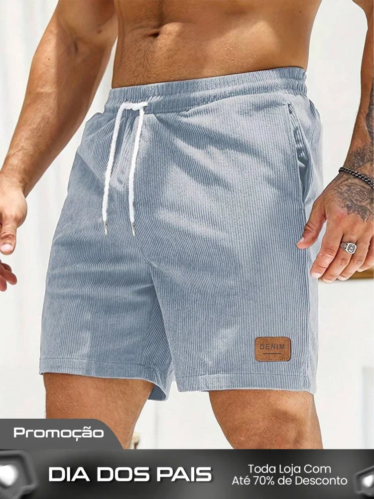 Shorts Masculino Em Veludo Cotelê Com Cós Elástico E Cordão Shorts Masculino Em Veludo Cotelê Com Cós Elástico E Cordão