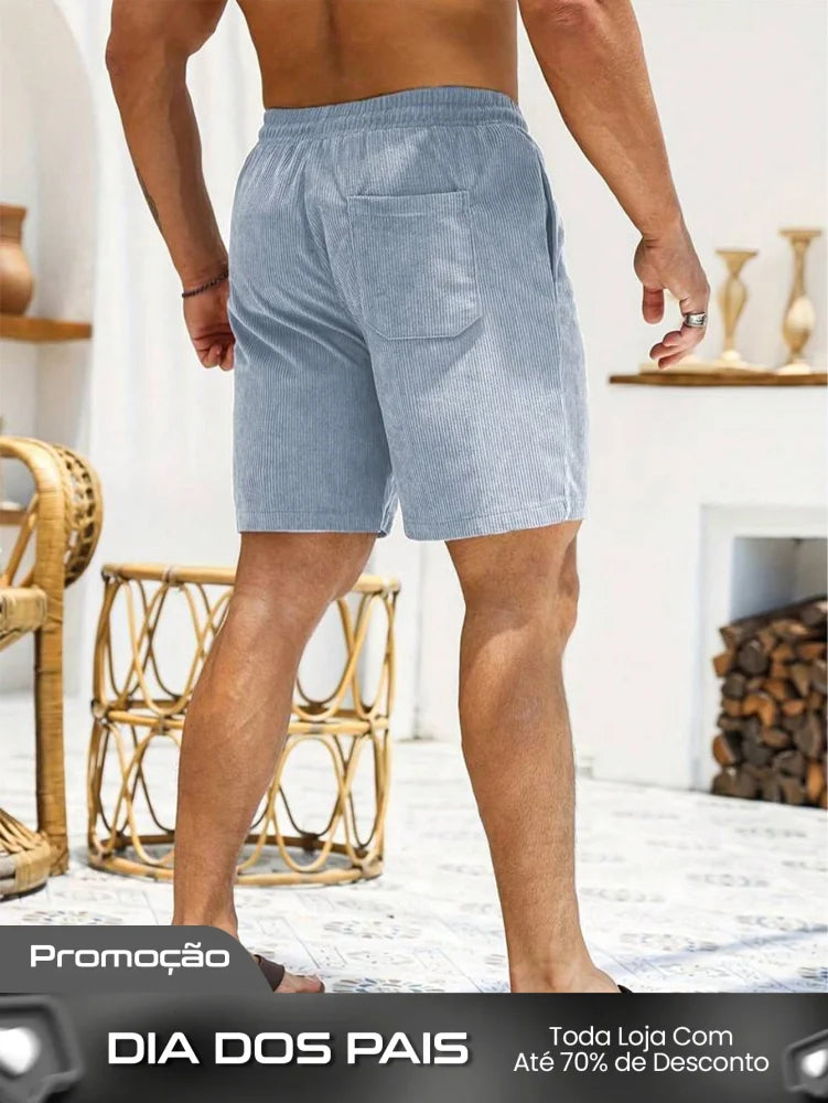Shorts Masculino Em Veludo Cotelê Com Cós Elástico E Cordão Shorts Masculino Em Veludo Cotelê Com Cós Elástico E Cordão
