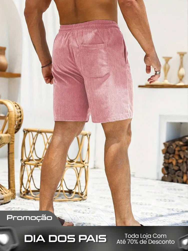 Shorts Masculino Em Veludo Cotelê Com Cós Elástico E Cordão Shorts Masculino Em Veludo Cotelê Com Cós Elástico E Cordão