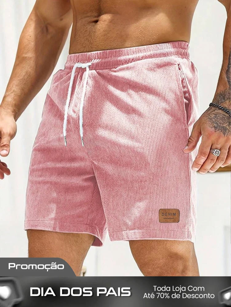 Shorts Masculino Em Veludo Cotelê Com Cós Elástico E Cordão Shorts Masculino Em Veludo Cotelê Com Cós Elástico E Cordão