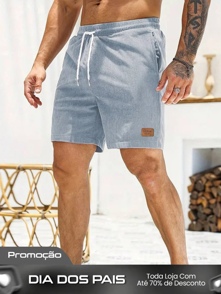Shorts Masculino Em Veludo Cotelê Com Cós Elástico E Cordão Shorts Masculino Em Veludo Cotelê Com Cós Elástico E Cordão