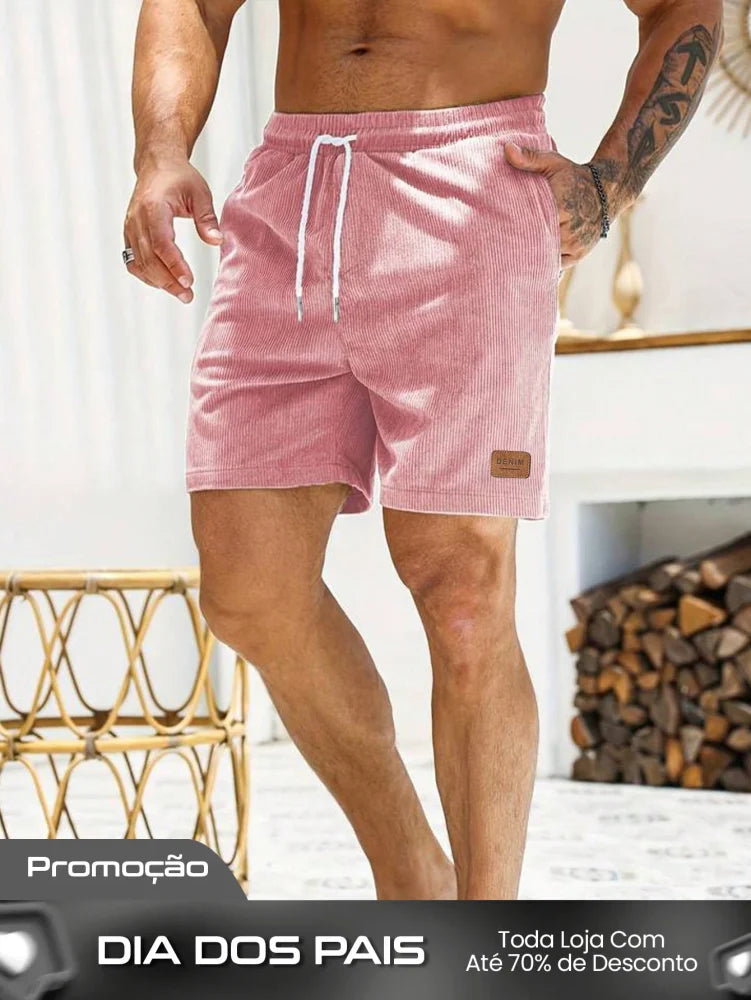 Shorts Masculino Em Veludo Cotelê Com Cós Elástico E Cordão Shorts Masculino Em Veludo Cotelê Com Cós Elástico E Cordão