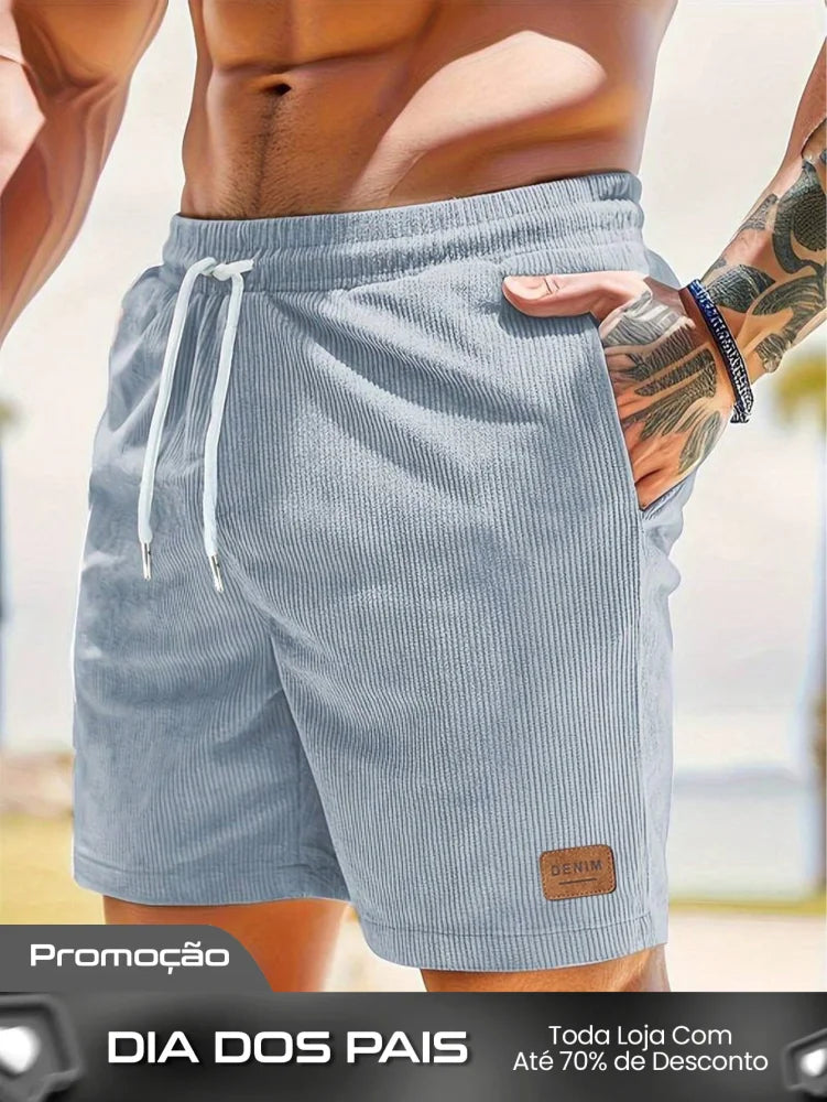 Shorts Masculino Em Veludo Cotelê Com Cós Elástico E Cordão Azul Bebê / PP Shorts Masculino Em Veludo Cotelê Com Cós
