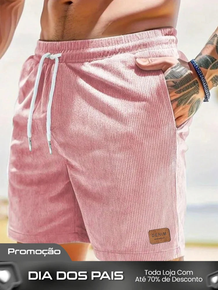 Shorts Masculino Em Veludo Cotelê Com Cós Elástico E Cordão Rosa Empoeirado / PP Shorts Masculino Em Veludo Cotelê Com