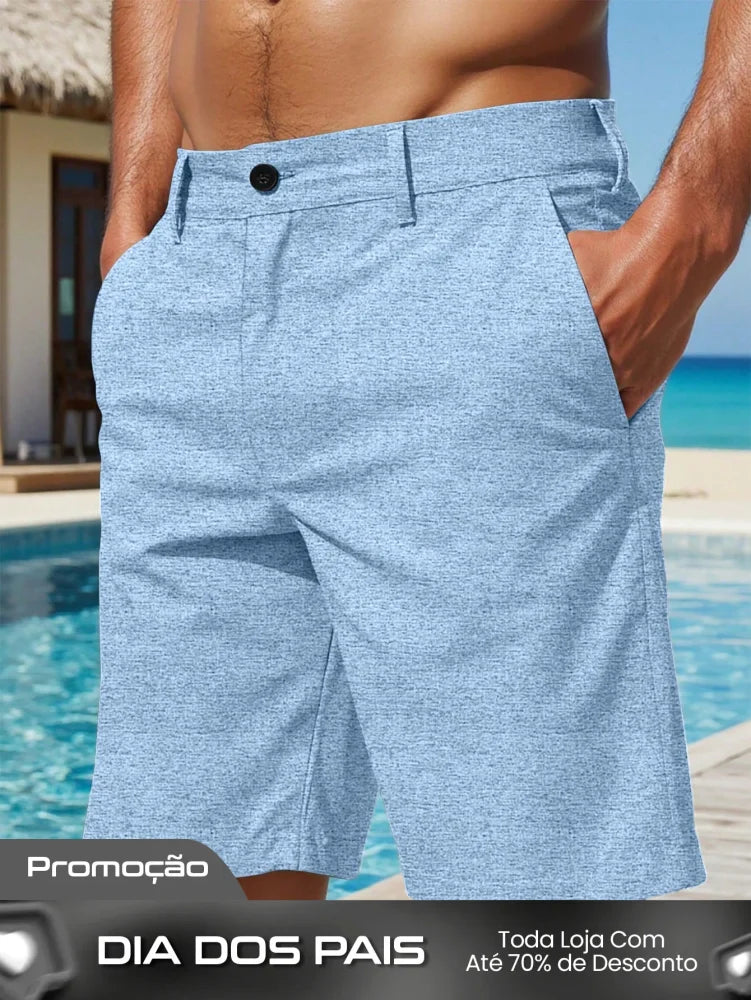 Shorts Masculino Linho Com Bolsos Diagonais E Caimento Solto Azul Bebê / PP Shorts Masculino Casual Com Bolsos Laterais