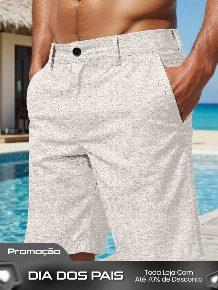 Shorts Masculino Linho Com Bolsos Diagonais E Caimento Solto Caqui / PP Shorts Masculino Casual Com Bolsos Laterais E
