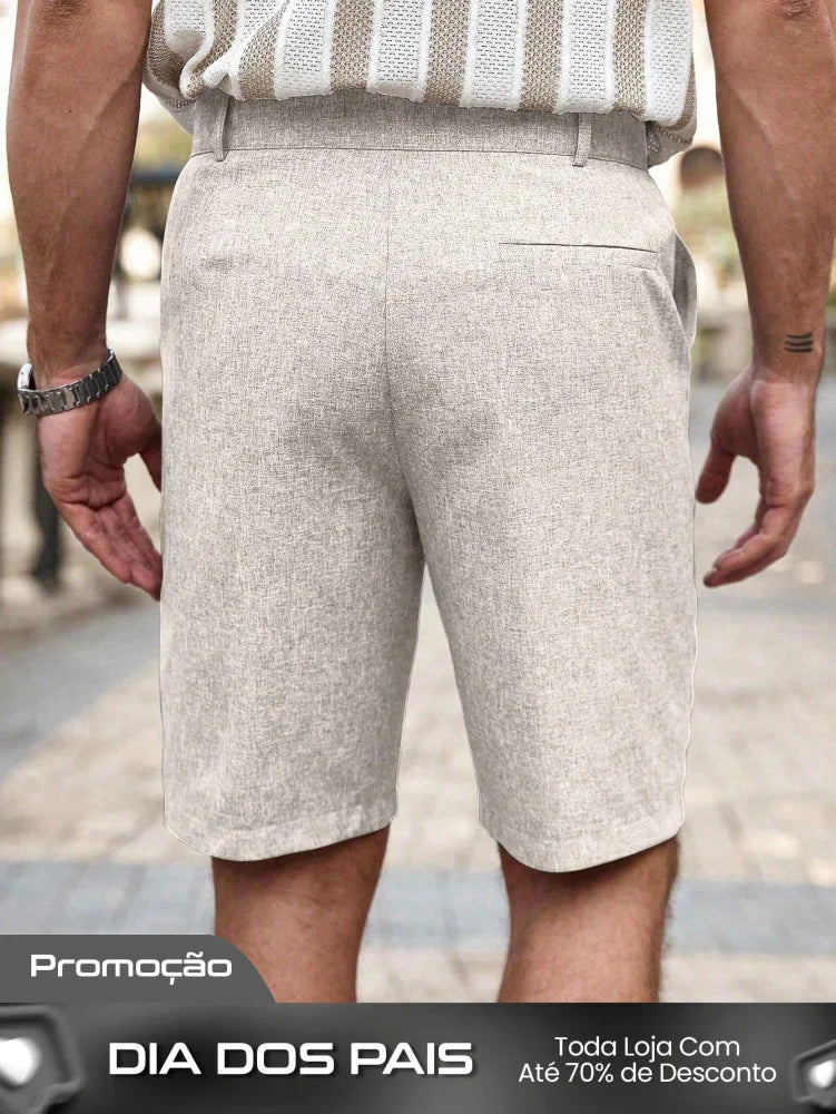 Shorts Masculino Linho Com Bolsos Diagonais E Caimento Solto Shorts Masculino Casual Com Bolsos Laterais E Cós De