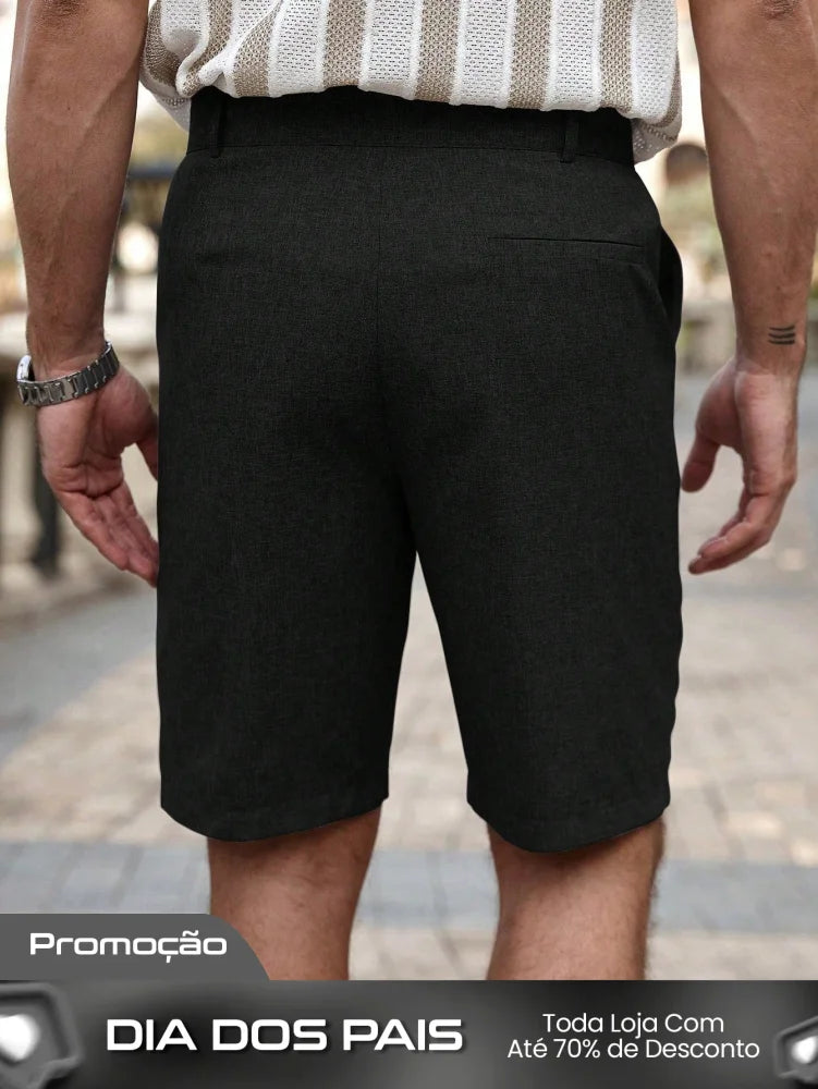 Shorts Masculino Linho Com Bolsos Diagonais E Caimento Solto Shorts Masculino Casual Com Bolsos Laterais E Cós De