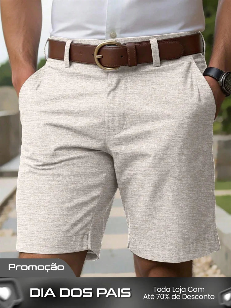 Shorts Masculino Linho Com Bolsos Diagonais E Caimento Solto Shorts Masculino Casual Com Bolsos Laterais E Cós De