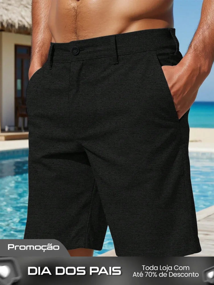 Shorts Masculino Linho Com Bolsos Diagonais E Caimento Solto Preto / PP Shorts Masculino Casual Com Bolsos Laterais E