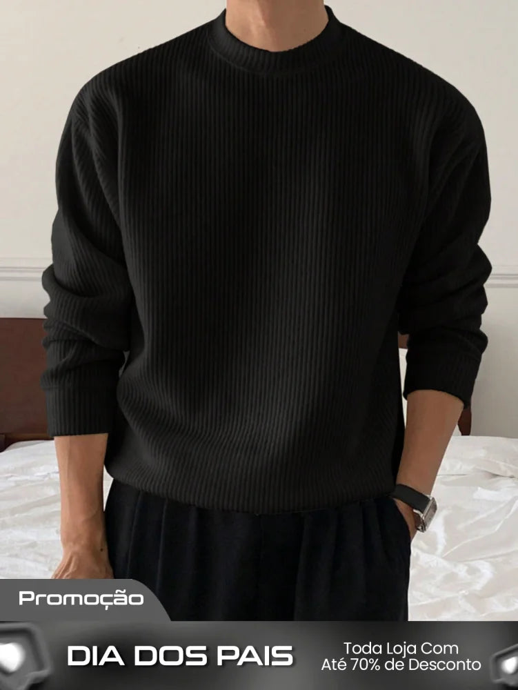 Suéter Masculino Gola Canelada Textura Casual Preto / PP Suéter Masculino Gola Canelada Textura Casual