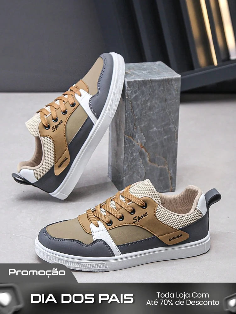 Tênis Masculino Casual Estilo Street com Recortes Modernos Marrom Claro / 36 Tênis Masculino Casual Estilo Street com