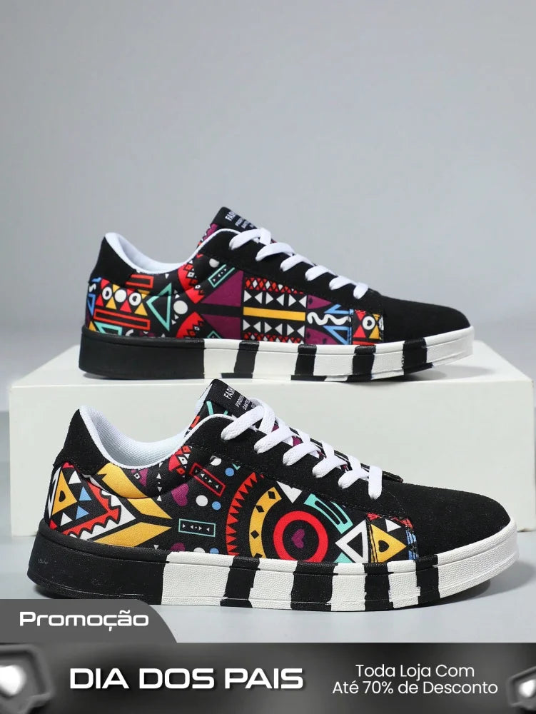 Tênis Masculino Estilo Street Estampado Tribal Colorido Tênis Masculino Estilo Street Estampado Tribal Colorido