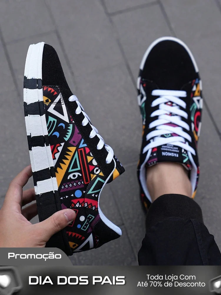 Tênis Masculino Estilo Street Estampado Tribal Colorido Preto / 36 Tênis Masculino Estilo Street Estampado Tribal